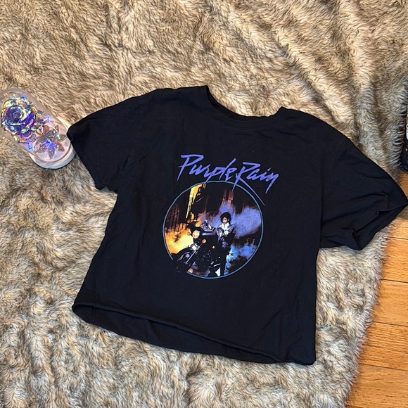 the prince estate Tops - Prince Estate Black Purple Rain Crop Top T-Shirt Women’s Size M Medium Cropped